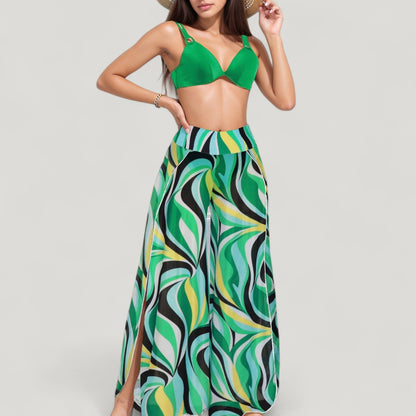 Anna-Kaci Swim Women's Three-Piece Swimsuit Set with Bikini Top High Waist Bottom and Sheer Abstract Print Wide Leg Pants