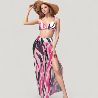 Anna-Kaci Swim Women's Three-Piece Swimsuit Set with Bikini Top High Waist Bottom and Sheer Abstract Print Wide Leg Pants