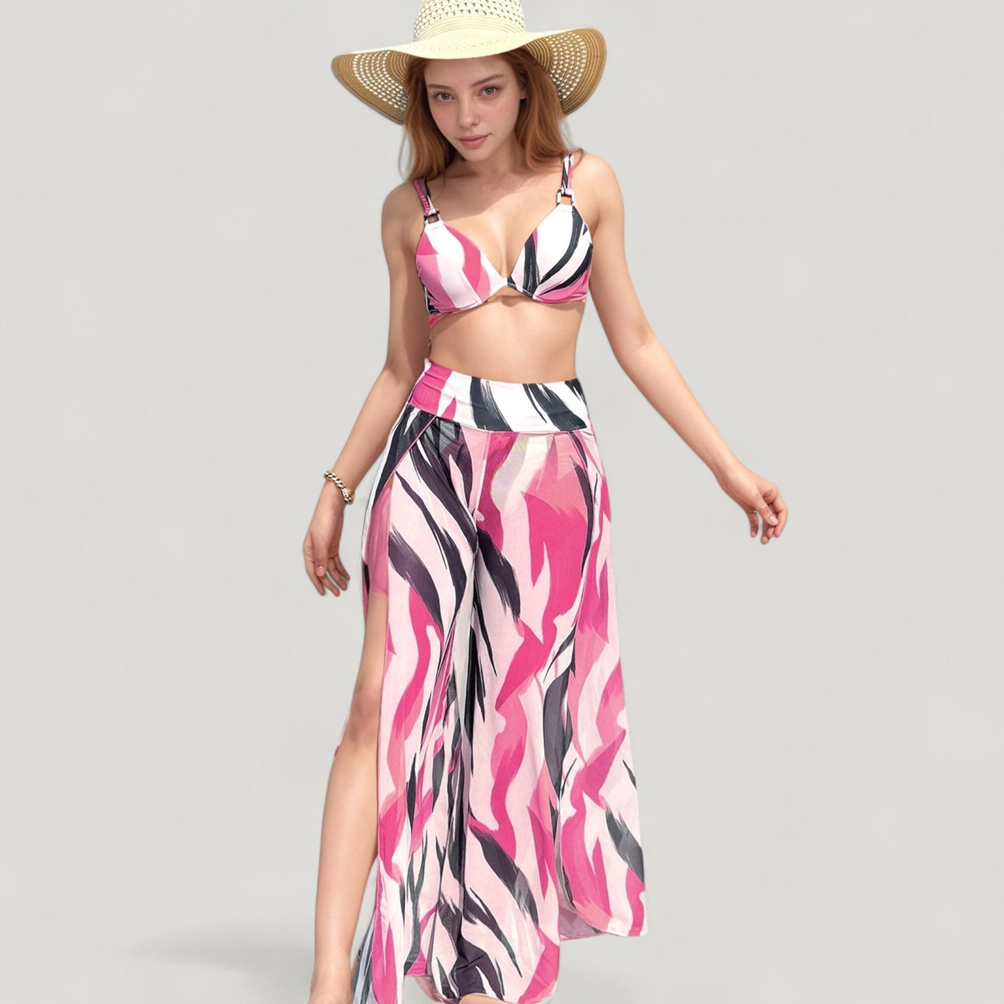 Anna-Kaci Swim Women's Three-Piece Swimsuit Set with Bikini Top High Waist Bottom and Sheer Abstract Print Wide Leg Pants