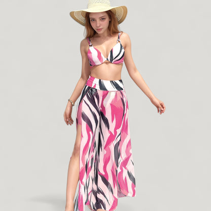 Anna-Kaci Swim Women's Three-Piece Swimsuit Set with Bikini Top High Waist Bottom and Sheer Abstract Print Wide Leg Pants