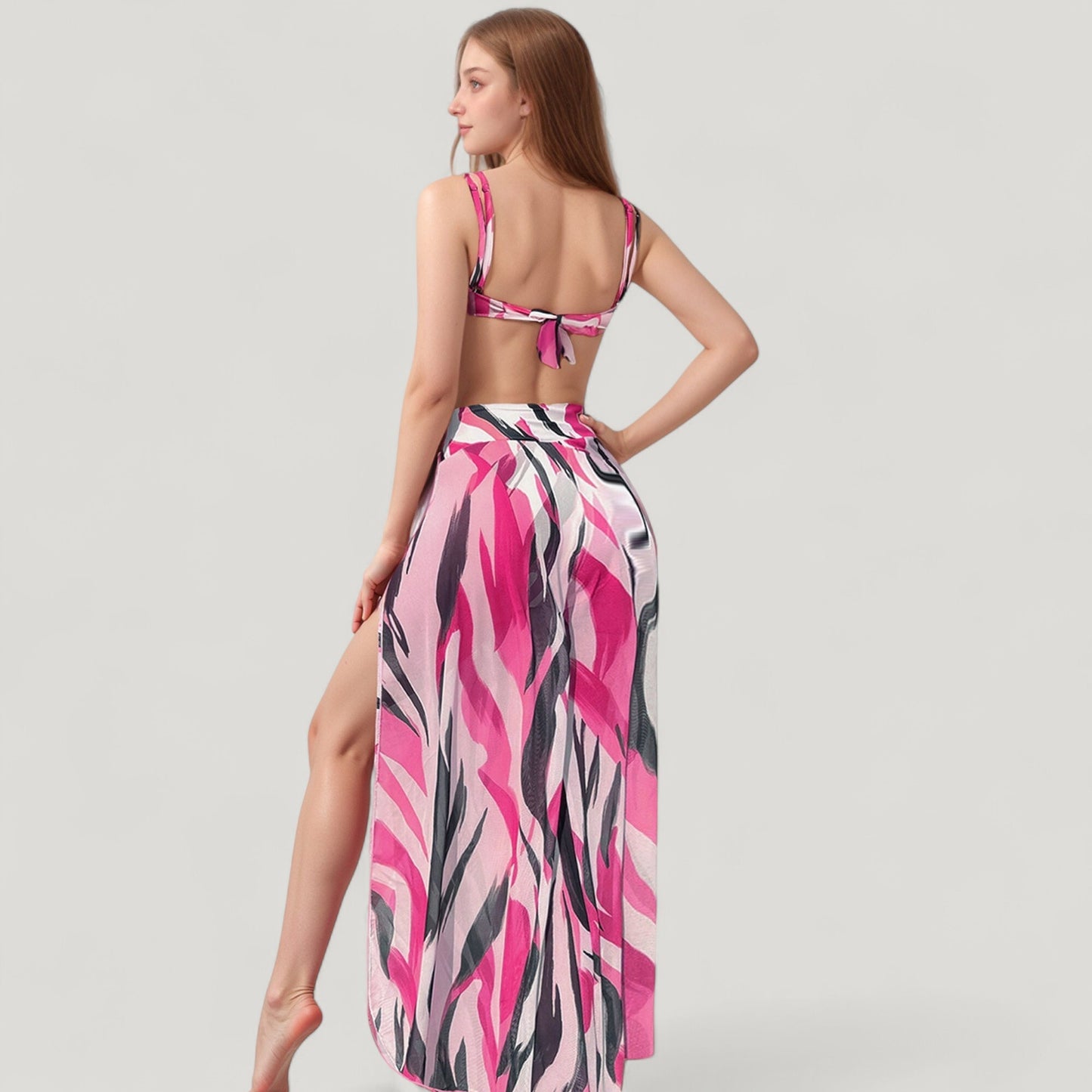Anna-Kaci Swim Women's Three-Piece Swimsuit Set with Bikini Top High Waist Bottom and Sheer Abstract Print Wide Leg Pants