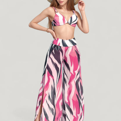 Anna-Kaci Swim Women's Three-Piece Swimsuit Set with Bikini Top High Waist Bottom and Sheer Abstract Print Wide Leg Pants