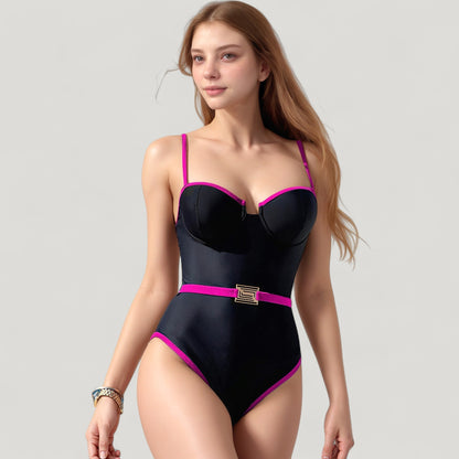 Anna-Kaci Swim Women's One-Piece Swimsuit with Contrast Trim Underwire Cups and Decorative Belt Detail