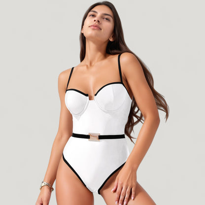 Anna-Kaci Swim Women's One-Piece Swimsuit with Contrast Trim Underwire Cups and Decorative Belt Detail
