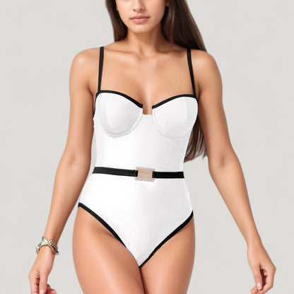 Anna-Kaci Swim Women's One-Piece Swimsuit with Contrast Trim Underwire Cups and Decorative Belt Detail