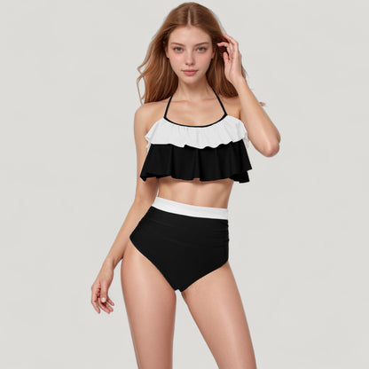 Anna-Kaci Swim Women's Ruffle Flounce Bikini Top and High Waist Bottom Two-Piece Swimsuit with Contrast Trim