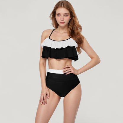 Anna-Kaci Swim Women's Ruffle Flounce Bikini Top and High Waist Bottom Two-Piece Swimsuit with Contrast Trim