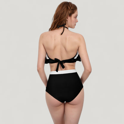 Anna-Kaci Swim Women's Ruffle Flounce Bikini Top and High Waist Bottom Two-Piece Swimsuit with Contrast Trim