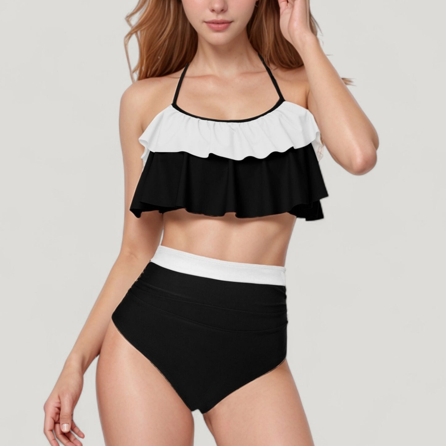 Anna-Kaci Swim Women's Ruffle Flounce Bikini Top and High Waist Bottom Two-Piece Swimsuit with Contrast Trim