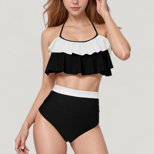 Anna-Kaci Swim Women's Ruffle Flounce Bikini Top and High Waist Bottom Two-Piece Swimsuit with Contrast Trim
