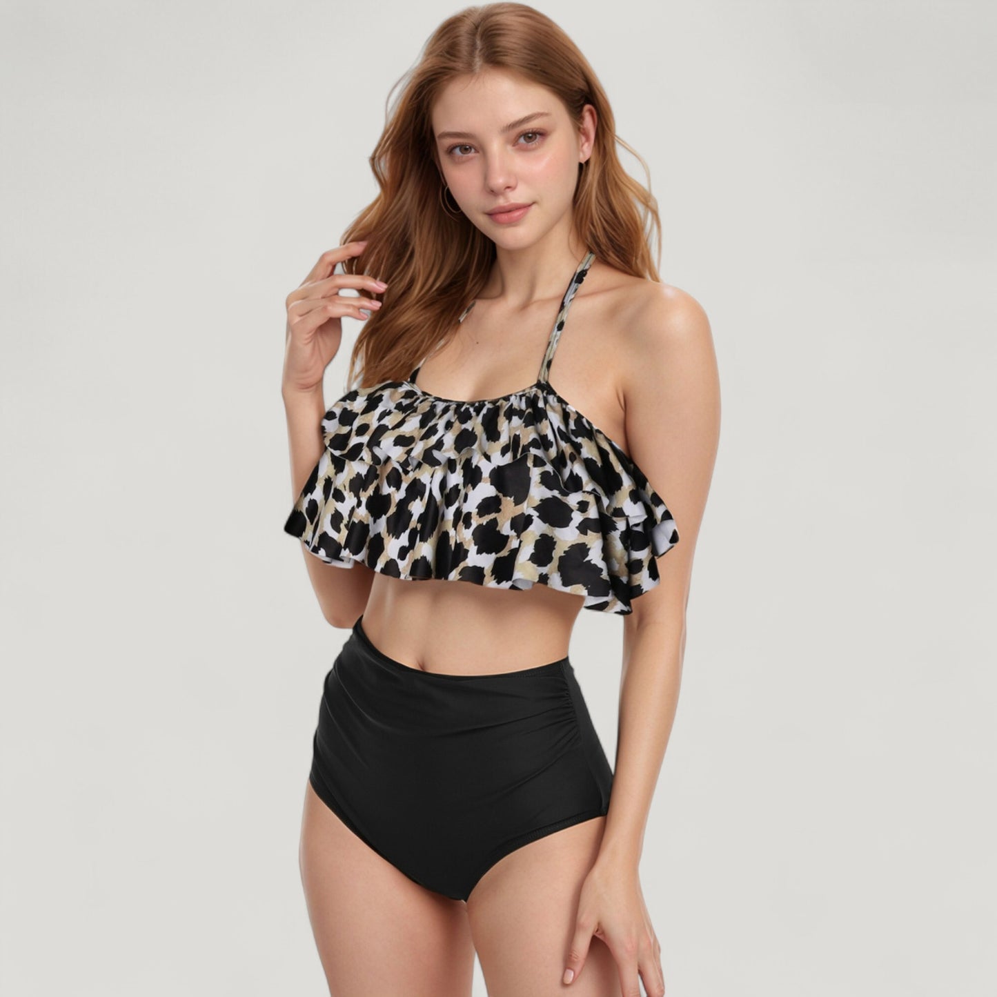 Anna-Kaci Swim Women's Ruffle Flounce Bikini Top and High Waist Bottom Two-Piece Swimsuit with Contrast Trim