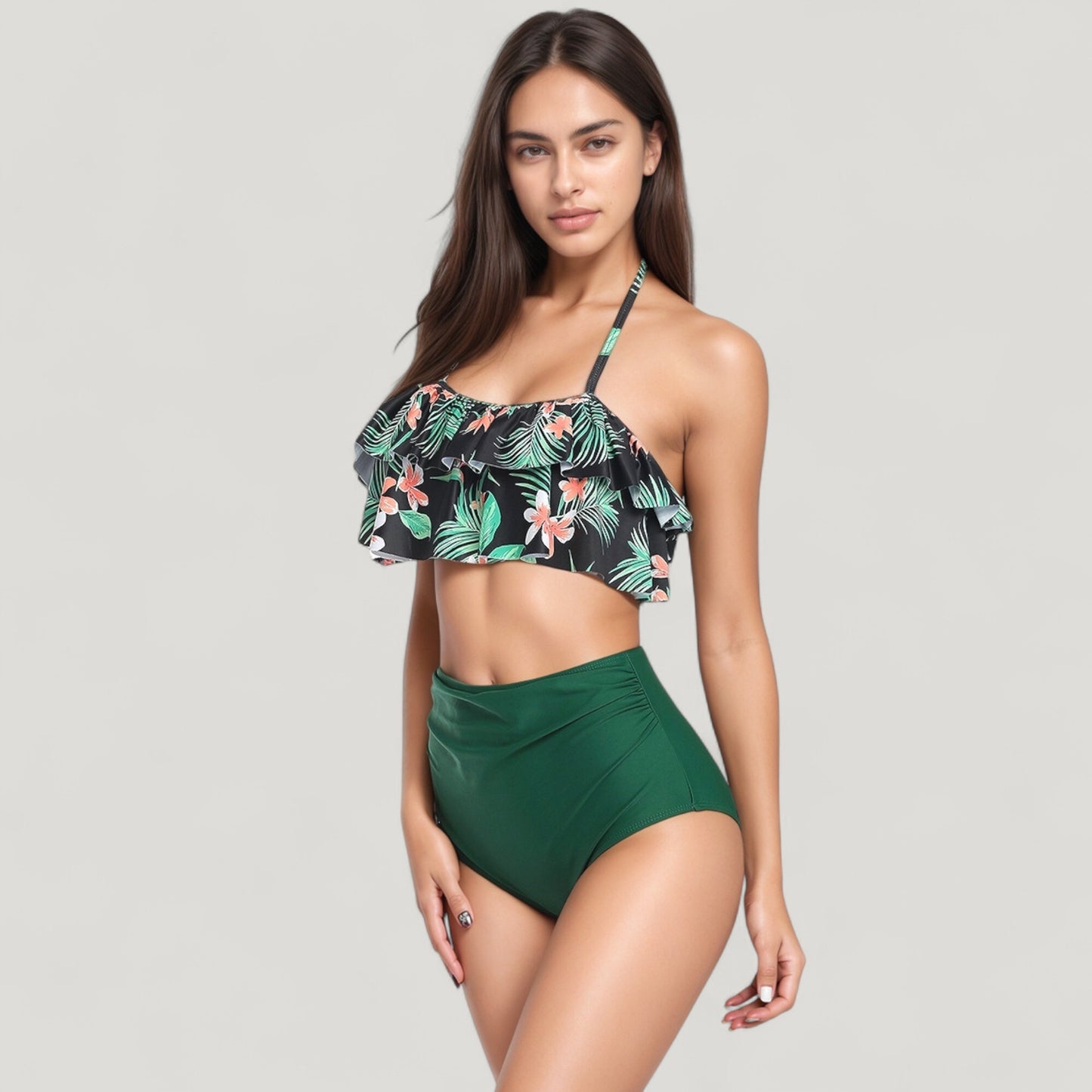 Anna-Kaci Swim Women's Ruffle Flounce Bikini Top and High Waist Bottom Two-Piece Swimsuit with Contrast Trim
