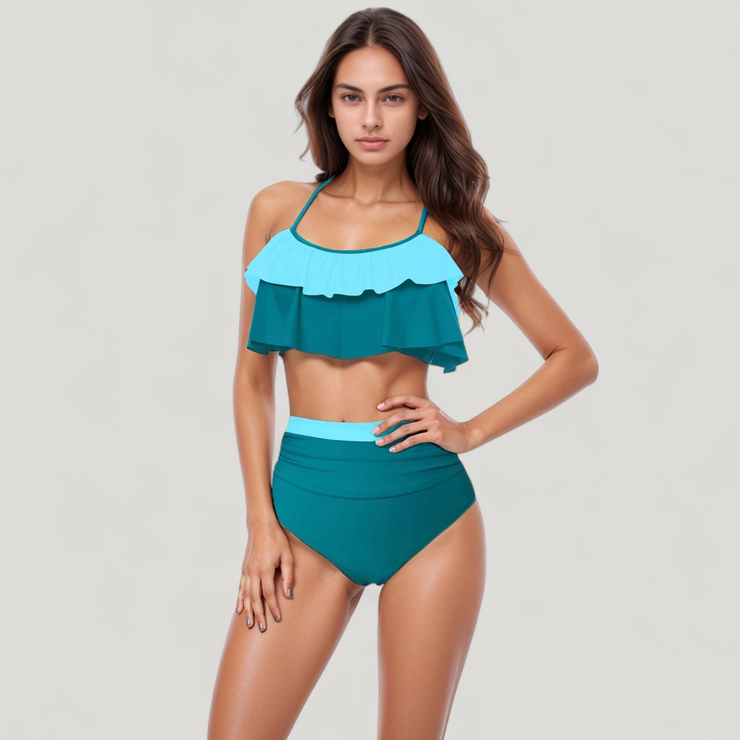 Anna-Kaci Swim Women's Ruffle Flounce Bikini Top and High Waist Bottom Two-Piece Swimsuit with Contrast Trim