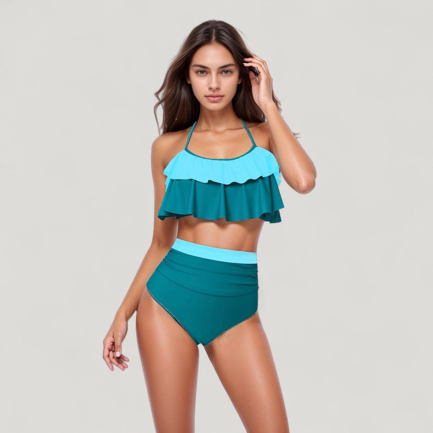 Anna-Kaci Swim Women's Ruffle Flounce Bikini Top and High Waist Bottom Two-Piece Swimsuit with Contrast Trim
