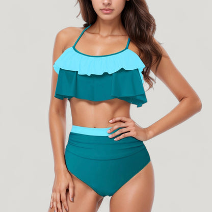 Anna-Kaci Swim Women's Ruffle Flounce Bikini Top and High Waist Bottom Two-Piece Swimsuit with Contrast Trim
