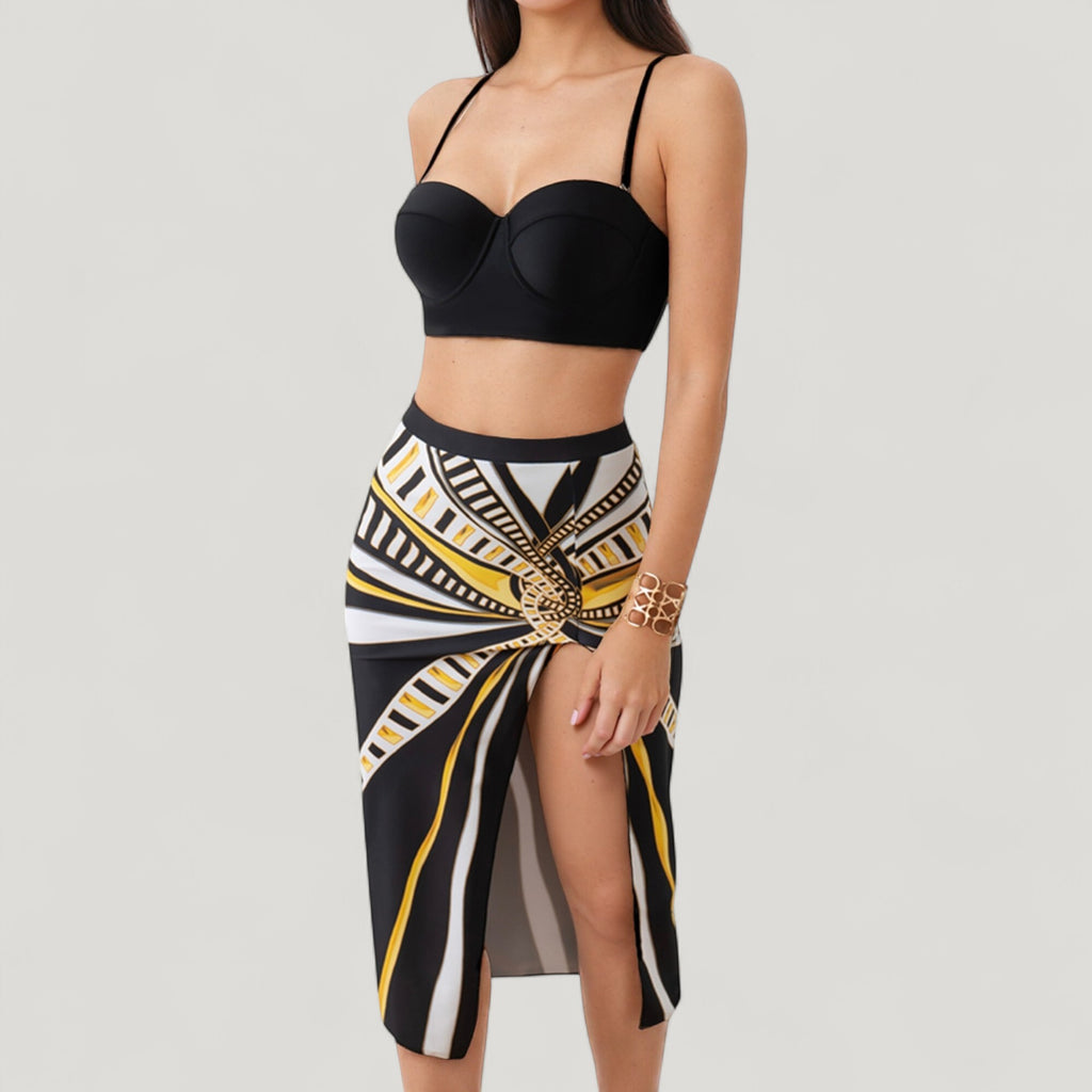 Anna-Kaci Swim Women's Three-Piece Swimsuit Set with Printed Underwire Bikini Top High Waist Bottom and Matching Side Slit Skirt Cover-Up