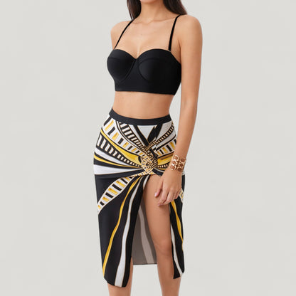 Anna-Kaci Swim Women's Three-Piece Swimsuit Set with Printed Underwire Bikini Top High Waist Bottom and Matching Side Slit Skirt Cover-Up