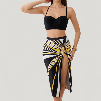 Anna-Kaci Swim Women's Three-Piece Swimsuit Set with Printed Underwire Bikini Top High Waist Bottom and Matching Side Slit Skirt Cover-Up
