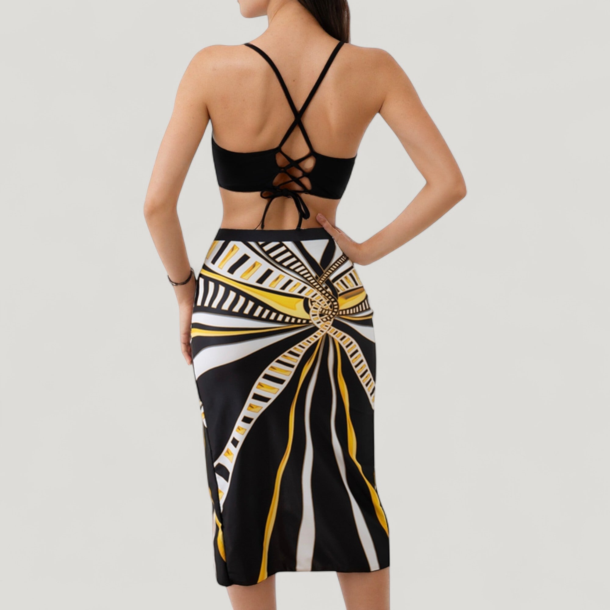 Anna-Kaci Swim Women's Three-Piece Swimsuit Set with Printed Underwire Bikini Top High Waist Bottom and Matching Side Slit Skirt Cover-Up