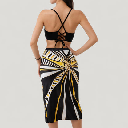 Anna-Kaci Swim Women's Three-Piece Swimsuit Set with Printed Underwire Bikini Top High Waist Bottom and Matching Side Slit Skirt Cover-Up