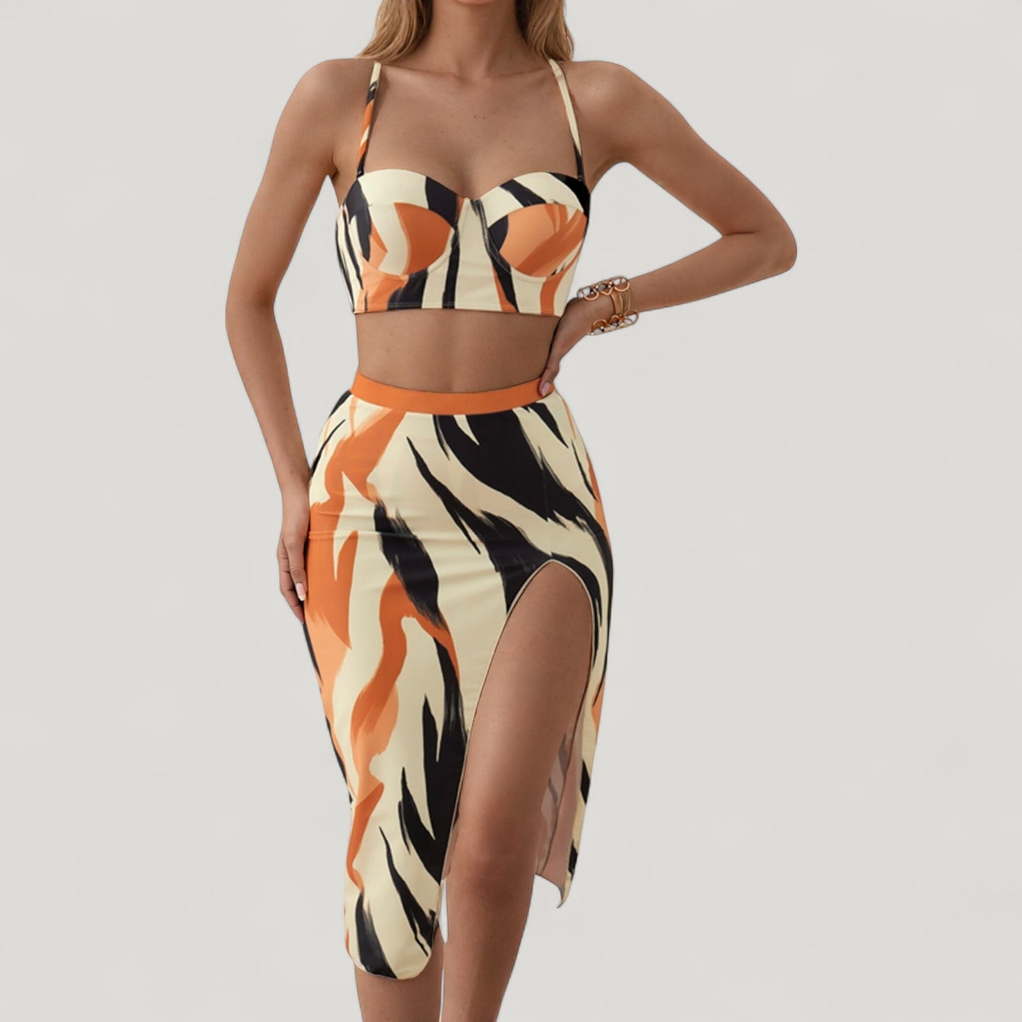 Anna-Kaci Swim Women's Three-Piece Swimsuit Set with Printed Underwire Bikini Top High Waist Bottom and Matching Side Slit Skirt Cover-Up