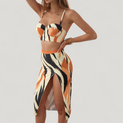 Anna-Kaci Swim Women's Three-Piece Swimsuit Set with Printed Underwire Bikini Top High Waist Bottom and Matching Side Slit Skirt Cover-Up