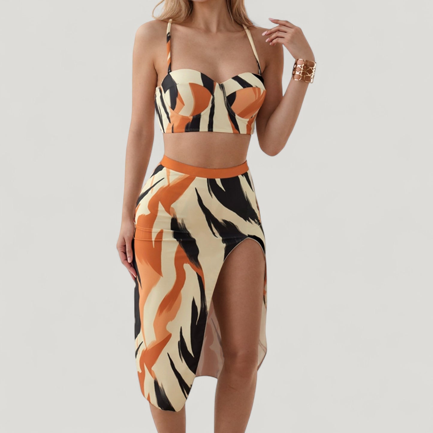 Anna-Kaci Swim Women's Three-Piece Swimsuit Set with Printed Underwire Bikini Top High Waist Bottom and Matching Side Slit Skirt Cover-Up