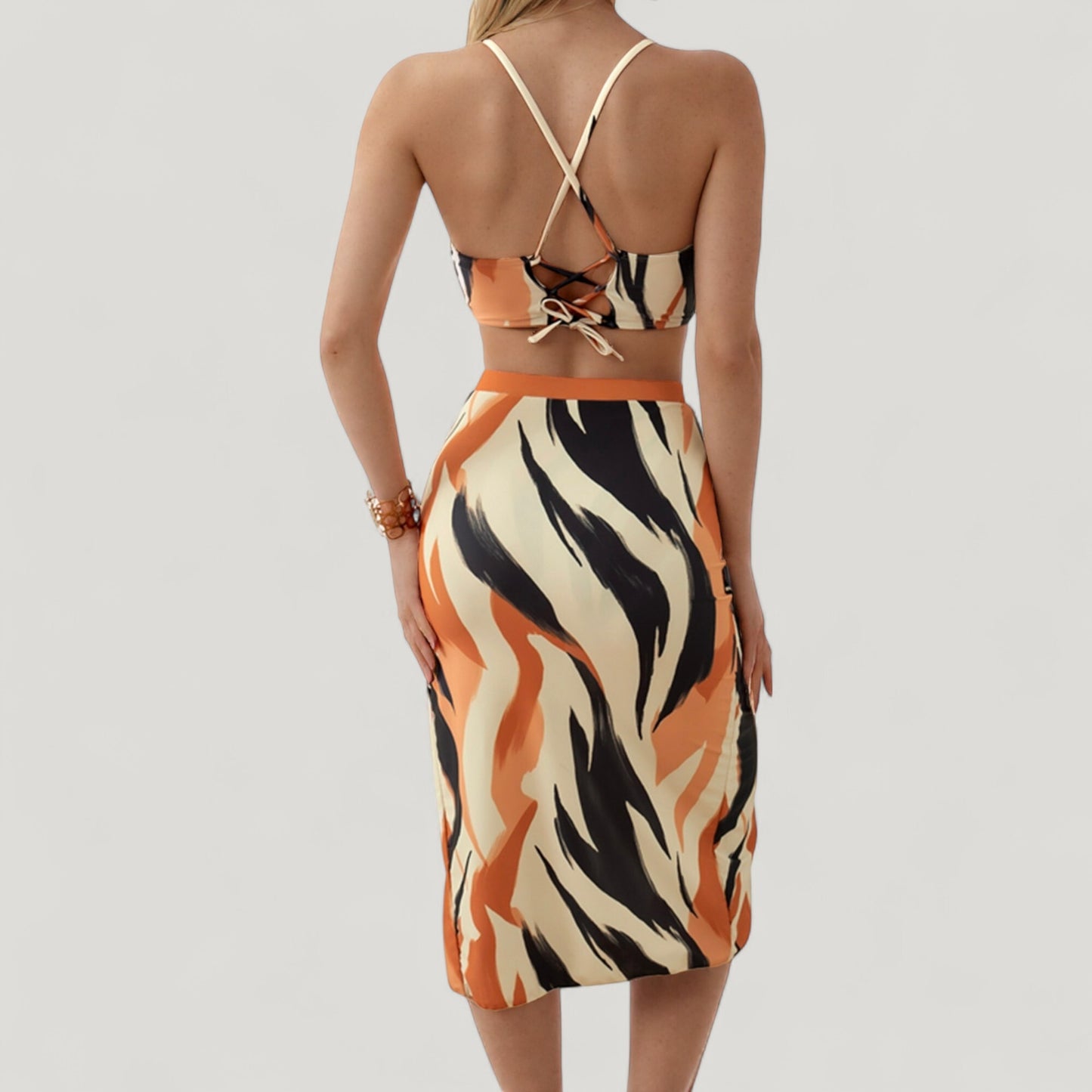 Anna-Kaci Swim Women's Three-Piece Swimsuit Set with Printed Underwire Bikini Top High Waist Bottom and Matching Side Slit Skirt Cover-Up