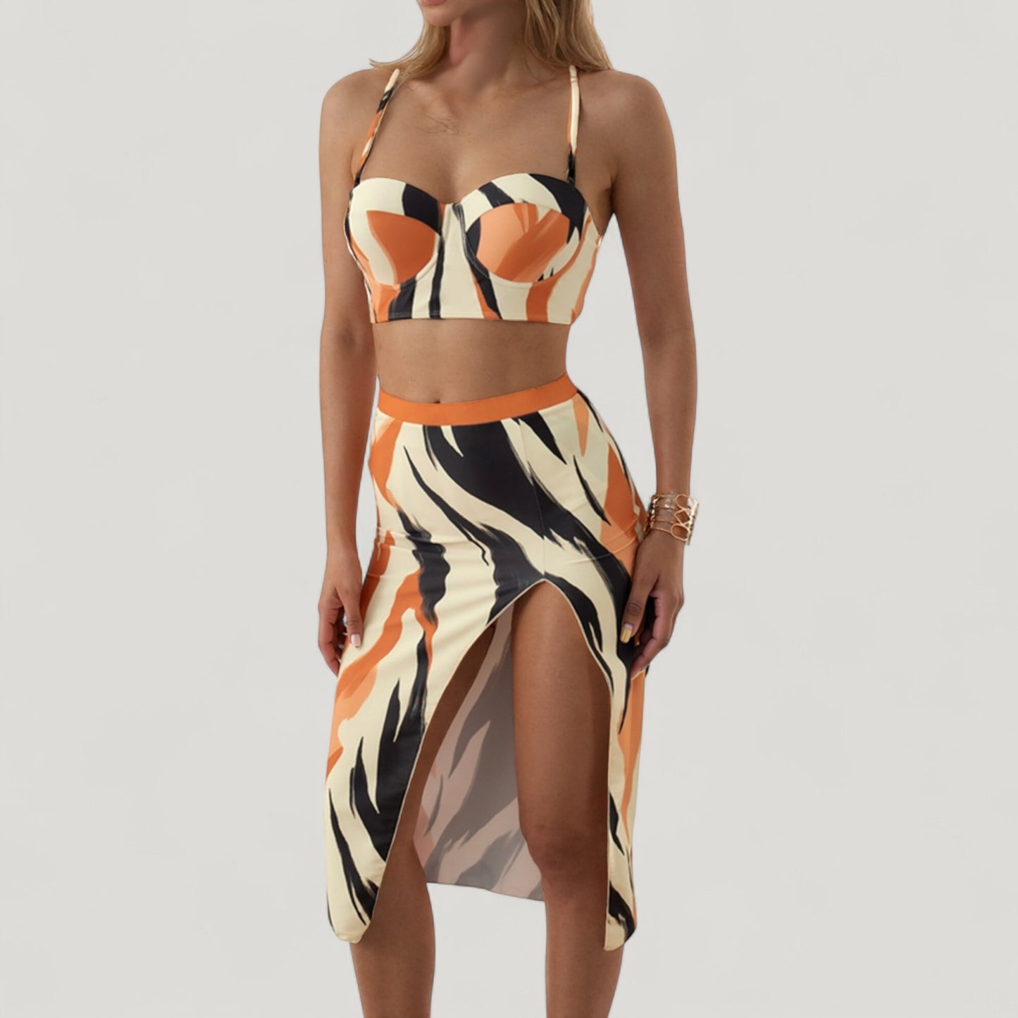 Anna-Kaci Swim Women's Three-Piece Swimsuit Set with Printed Underwire Bikini Top High Waist Bottom and Matching Side Slit Skirt Cover-Up