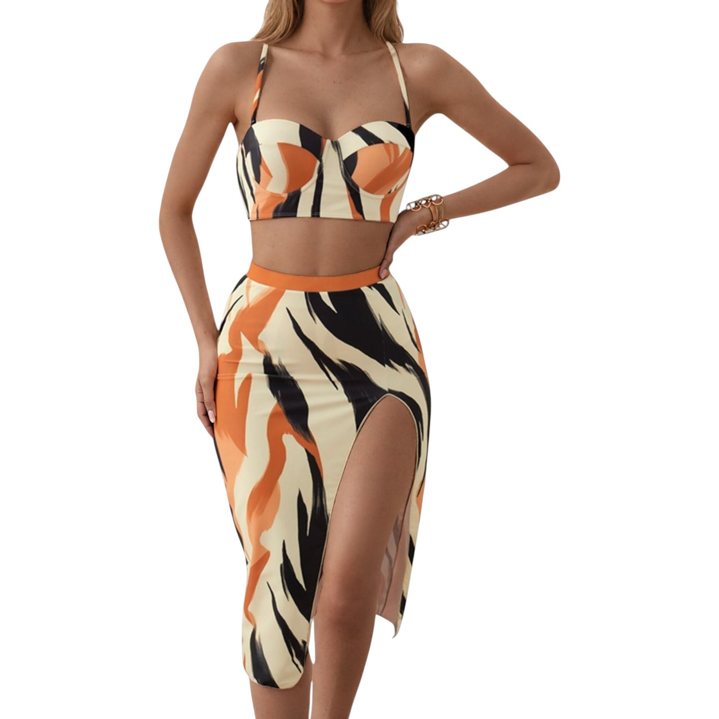 Anna-Kaci Swim Women's Three-Piece Swimsuit Set with Printed Underwire Bikini Top High Waist Bottom and Matching Side Slit Skirt Cover-Up