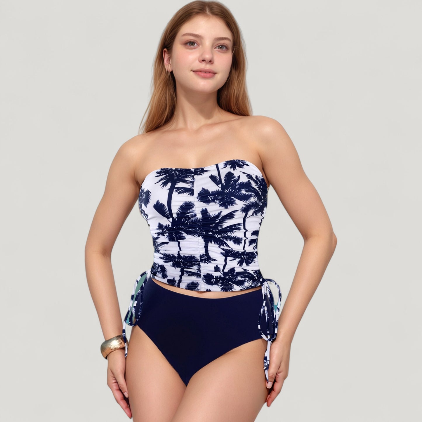 Anna-Kaci Swim Women's Strapless Leopard Print Ruched Tankini Top and High Waist Bikini Bottom Two-Piece Swimsuit