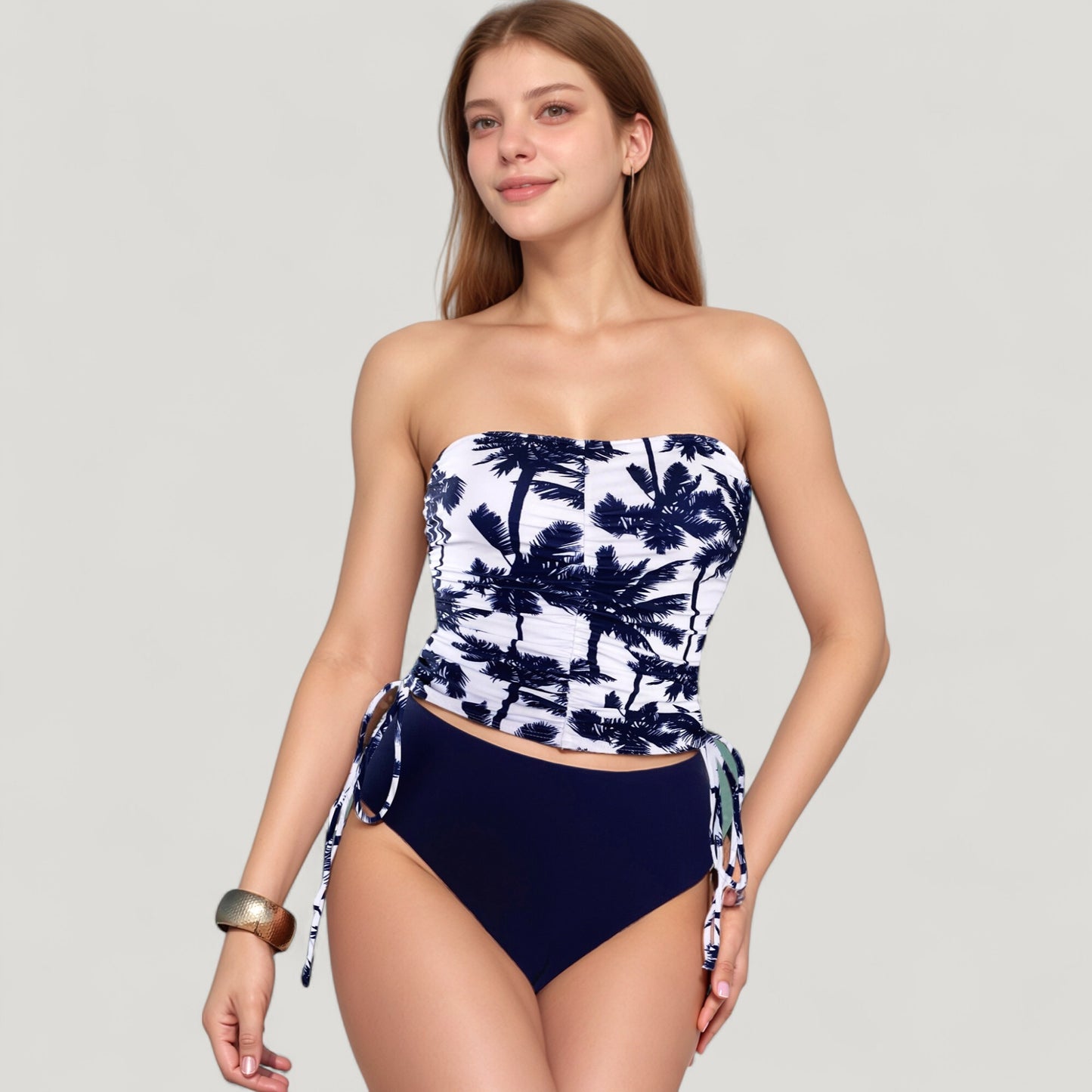 Anna-Kaci Swim Women's Strapless Leopard Print Ruched Tankini Top and High Waist Bikini Bottom Two-Piece Swimsuit