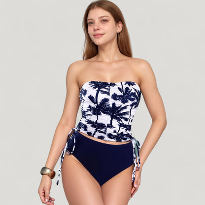 Anna-Kaci Swim Women's Strapless Leopard Print Ruched Tankini Top and High Waist Bikini Bottom Two-Piece Swimsuit