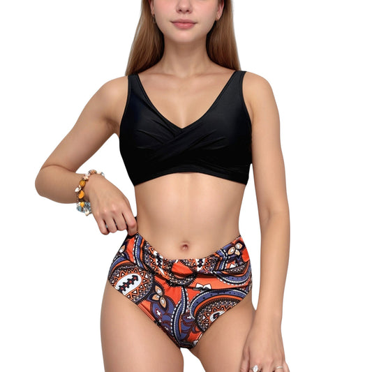 Anna-Kaci Swim Women's Wrap Front Bikini Top and High Waist Printed Bottom Two-Piece Swimsuit with Paisley Pattern Design