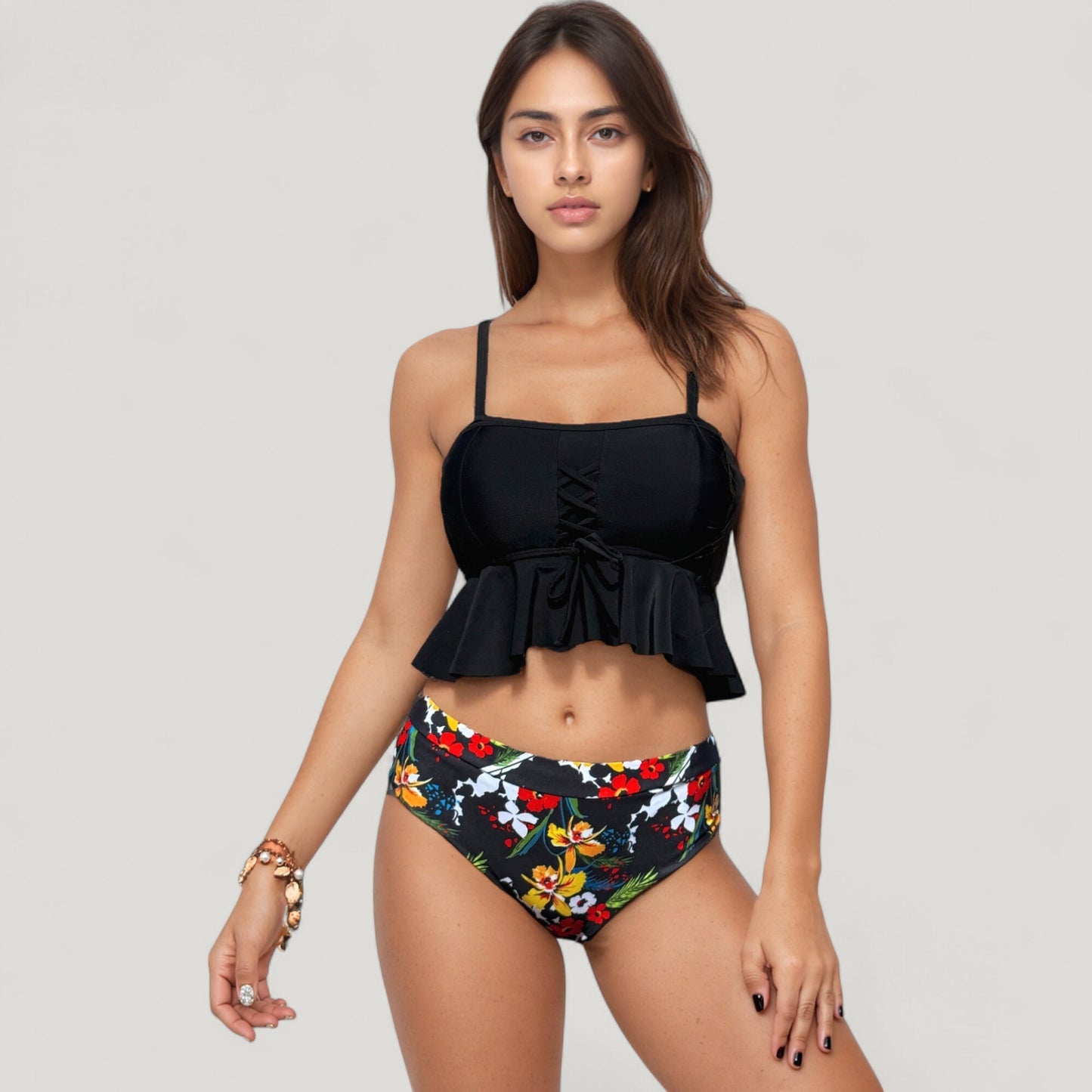 Anna-Kaci Swim Women's Peplum Lace-Up Tankini Top and High Waist Floral Print Bikini Bottom Two-Piece Swimsuit