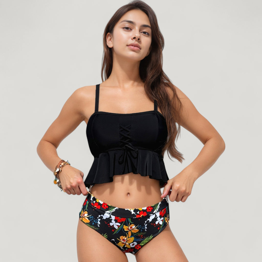 Anna-Kaci Swim Women's Peplum Lace-Up Tankini Top and High Waist Floral Print Bikini Bottom Two-Piece Swimsuit