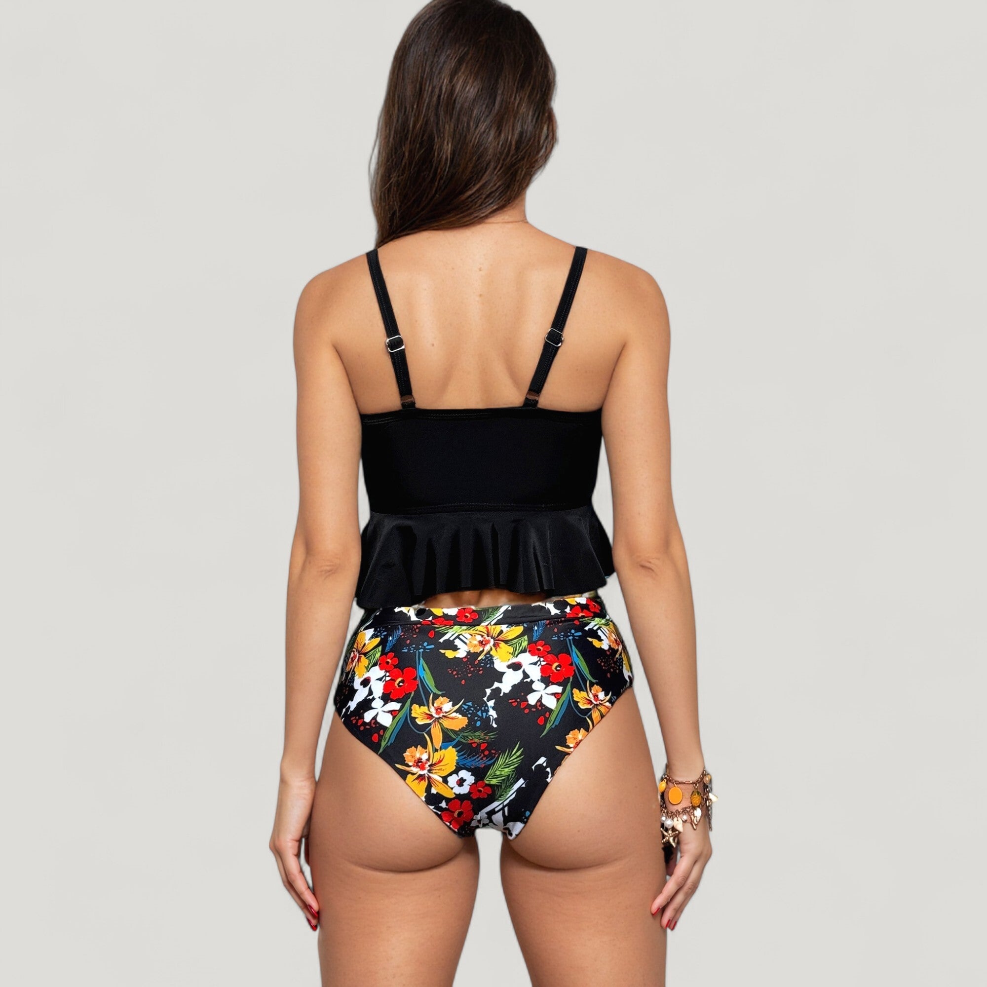 Anna-Kaci Swim Women's Peplum Lace-Up Tankini Top and High Waist Floral Print Bikini Bottom Two-Piece Swimsuit