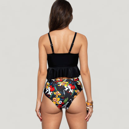 Anna-Kaci Swim Women's Peplum Lace-Up Tankini Top and High Waist Floral Print Bikini Bottom Two-Piece Swimsuit