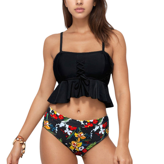 Anna-Kaci Swim Women's Peplum Lace-Up Tankini Top and High Waist Floral Print Bikini Bottom Two-Piece Swimsuit