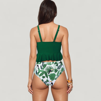Anna-Kaci Swim Women's Peplum Lace-Up Tankini Top and High Waist Floral Print Bikini Bottom Two-Piece Swimsuit