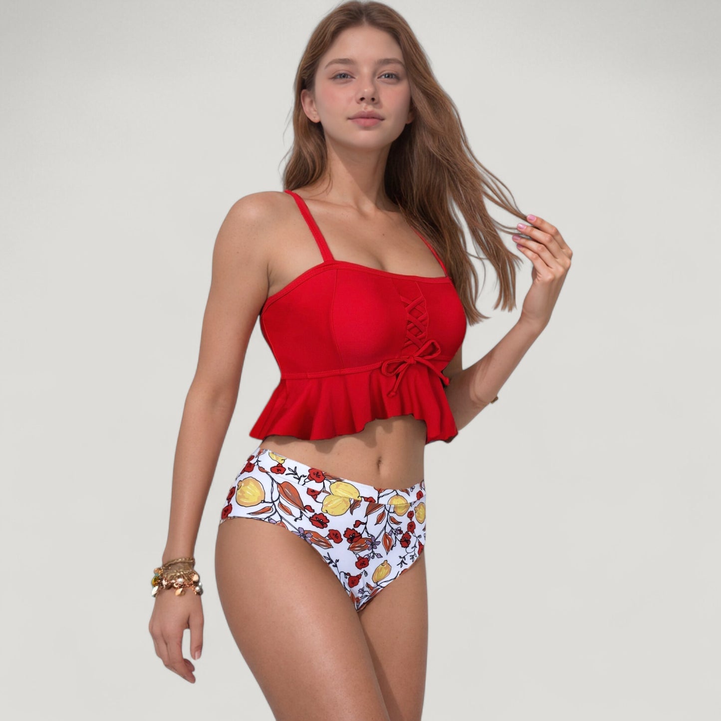 Anna-Kaci Swim Women's Peplum Lace-Up Tankini Top and High Waist Floral Print Bikini Bottom Two-Piece Swimsuit