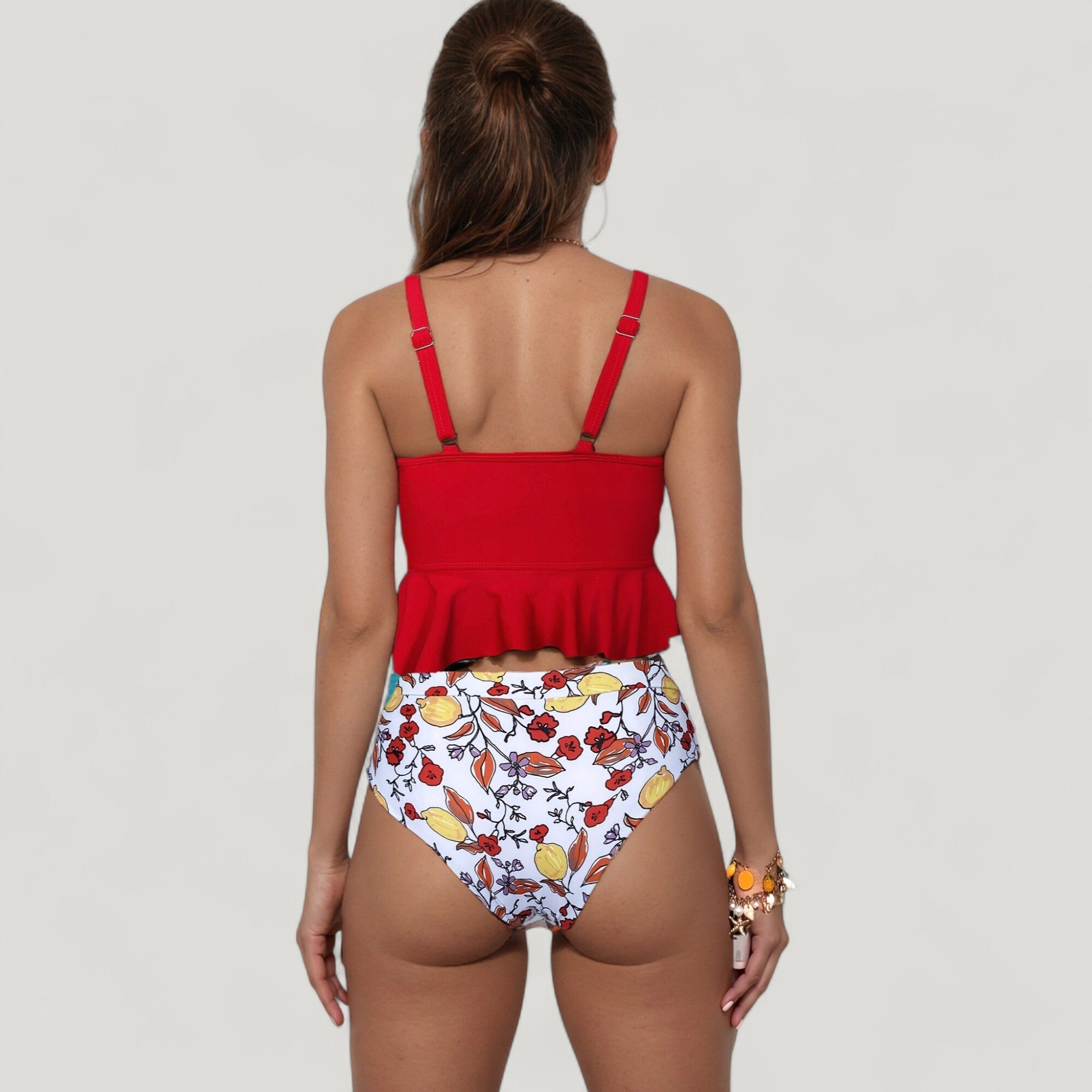 Anna-Kaci Swim Women's Peplum Lace-Up Tankini Top and High Waist Floral Print Bikini Bottom Two-Piece Swimsuit