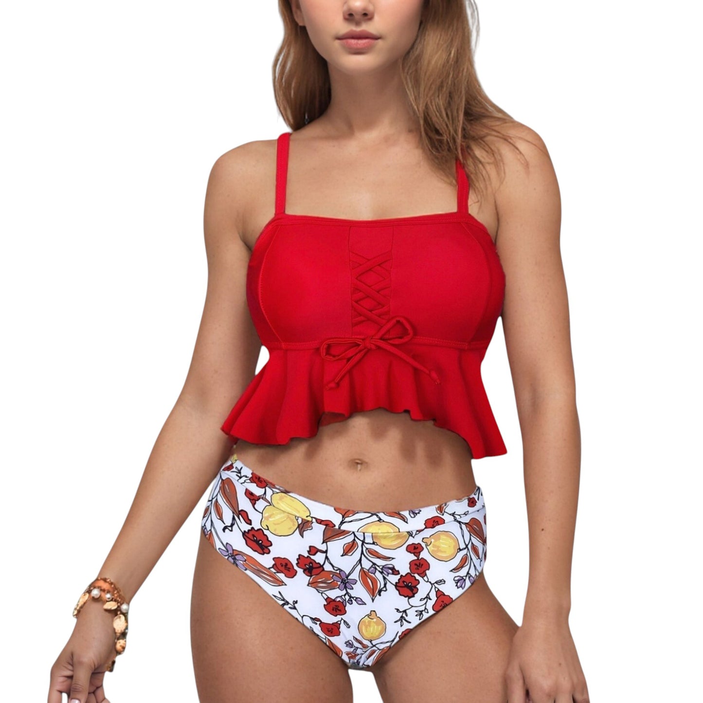 Anna-Kaci Swim Women's Peplum Lace-Up Tankini Top and High Waist Floral Print Bikini Bottom Two-Piece Swimsuit