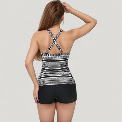 Anna-Kaci Swim Women's Striped Tankini Top and Mid-Rise Swim Shorts Two-Piece Swimsuit with Ruched Neckline and Wide Shoulder Straps