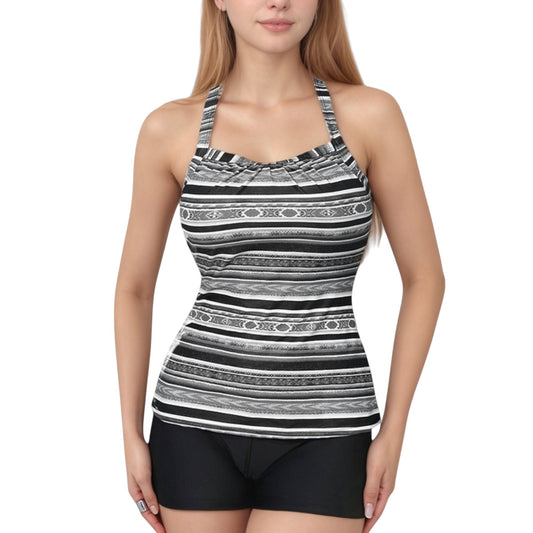 Anna-Kaci Swim Women's Striped Tankini Top and Mid-Rise Swim Shorts Two-Piece Swimsuit with Ruched Neckline and Wide Shoulder Straps