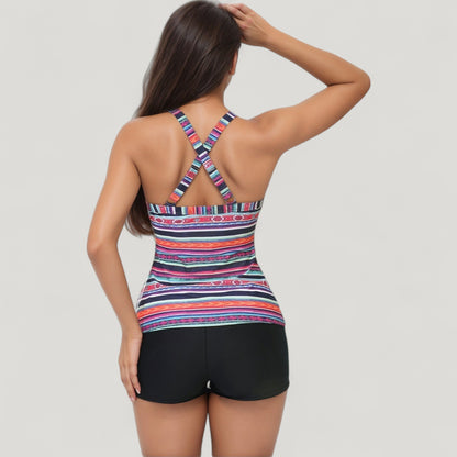 Anna-Kaci Swim Women's Striped Tankini Top and Mid-Rise Swim Shorts Two-Piece Swimsuit with Ruched Neckline and Wide Shoulder Straps