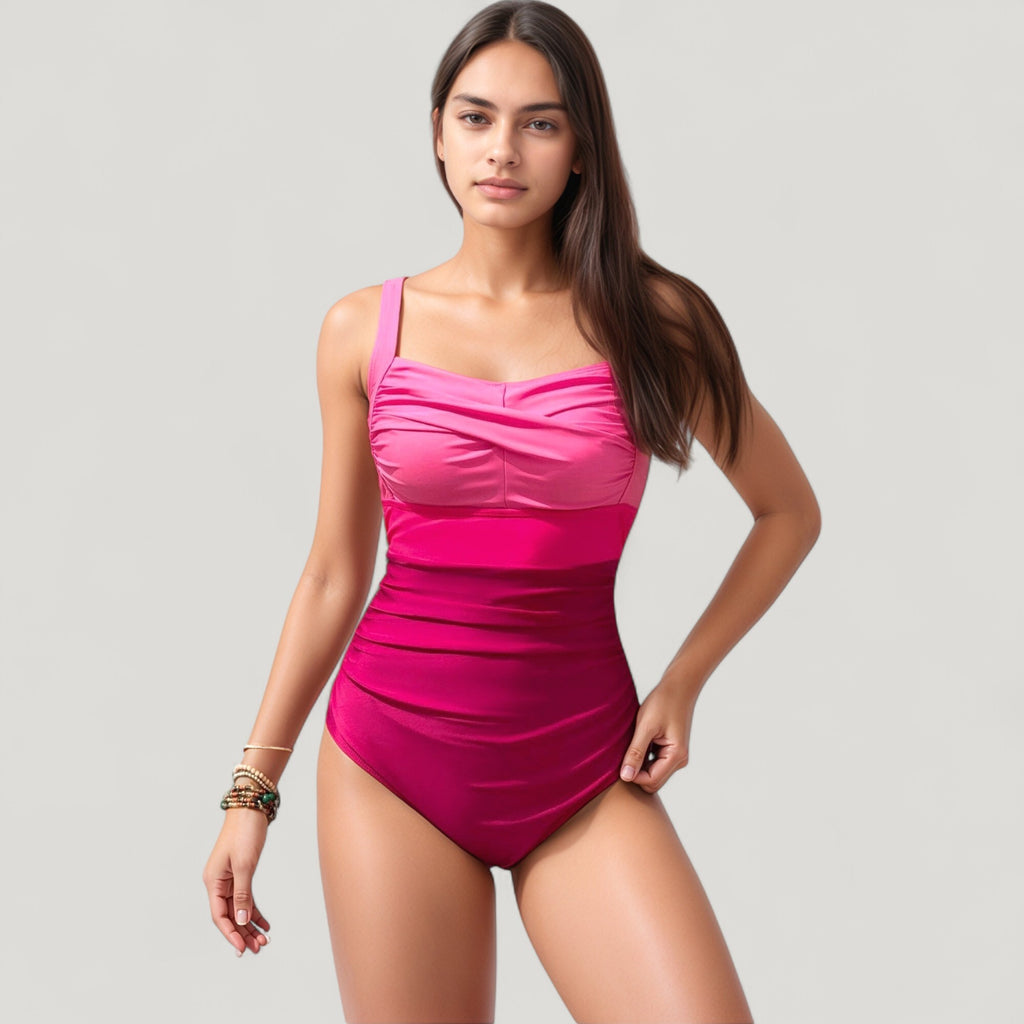 Anna-Kaci Swim Women's Ruched One-Piece Swimsuit with Wide Shoulder Straps and Colorblock Paneling