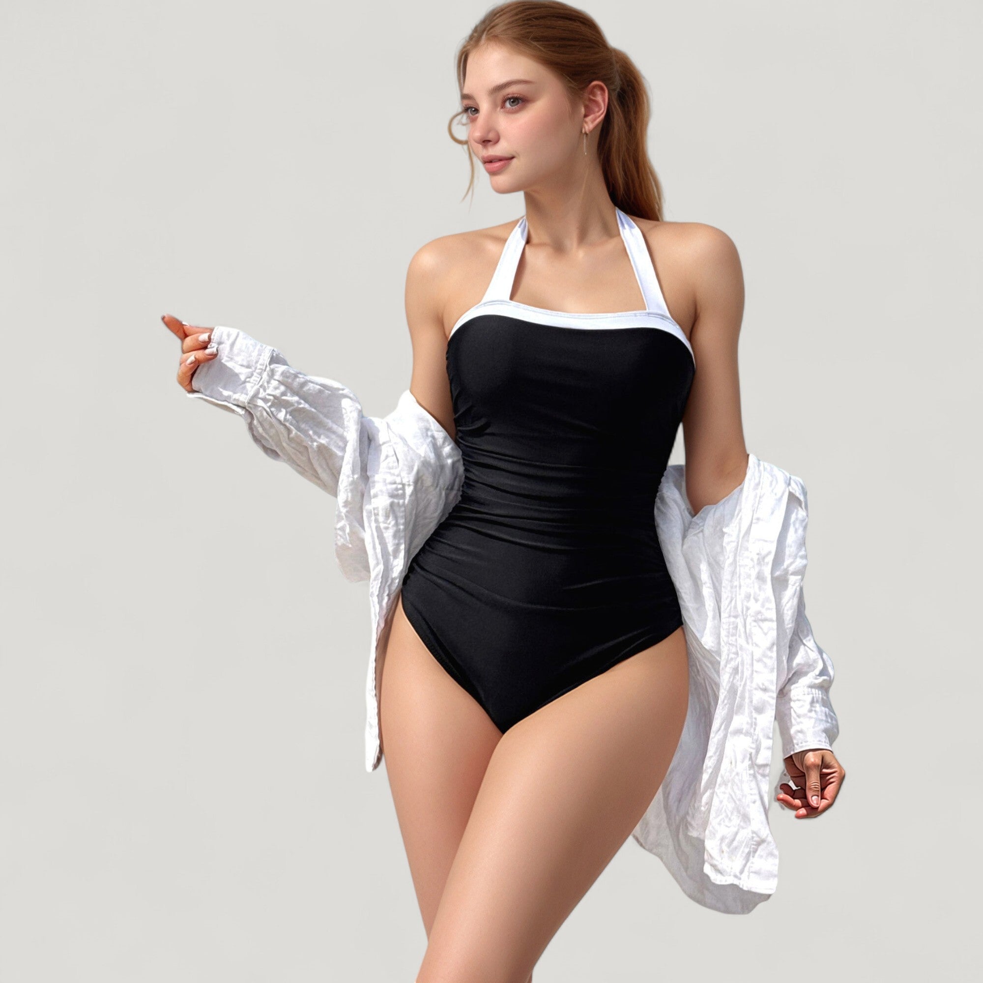 Anna-Kaci Swim Women's Halter One-Piece Swimsuit with Contrast Trim and Ruched Body for Flattering Support