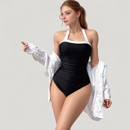 Anna-Kaci Swim Women's Halter One-Piece Swimsuit with Contrast Trim and Ruched Body for Flattering Support