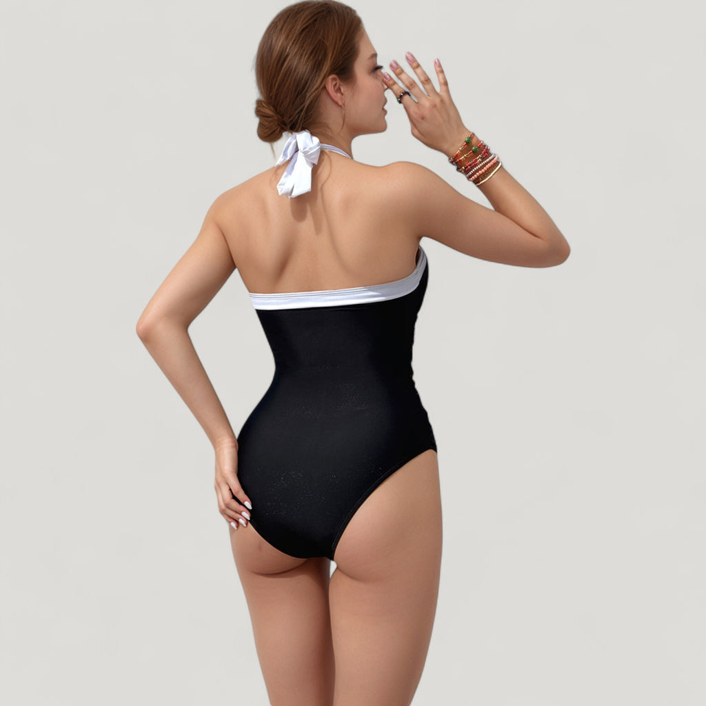 Anna-Kaci Swim Women's Halter One-Piece Swimsuit with Contrast Trim and Ruched Body for Flattering Support